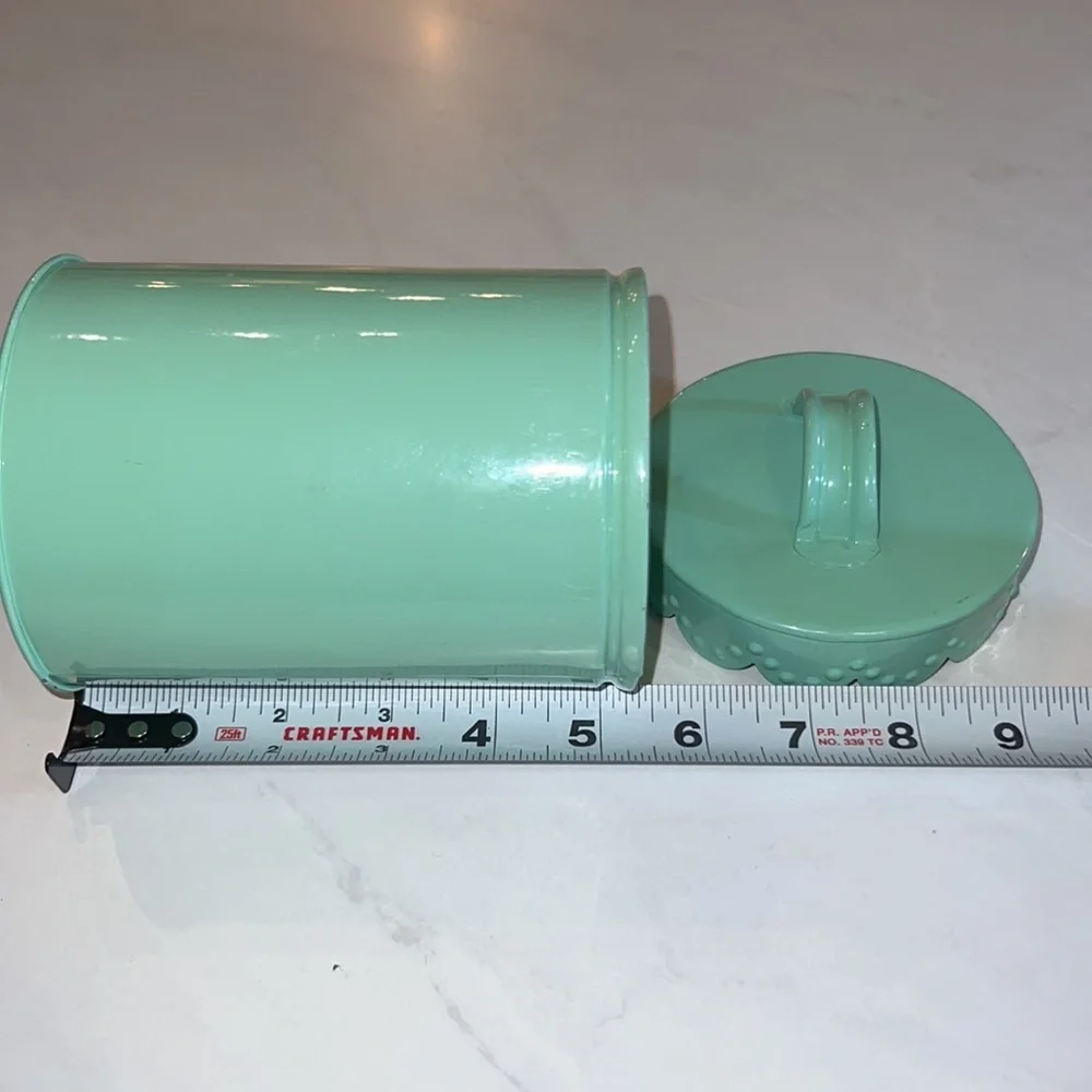 Mint green pastel green dainty metal canister with lid & lid holder 5.25” tall​​ - Picture 7 of 7